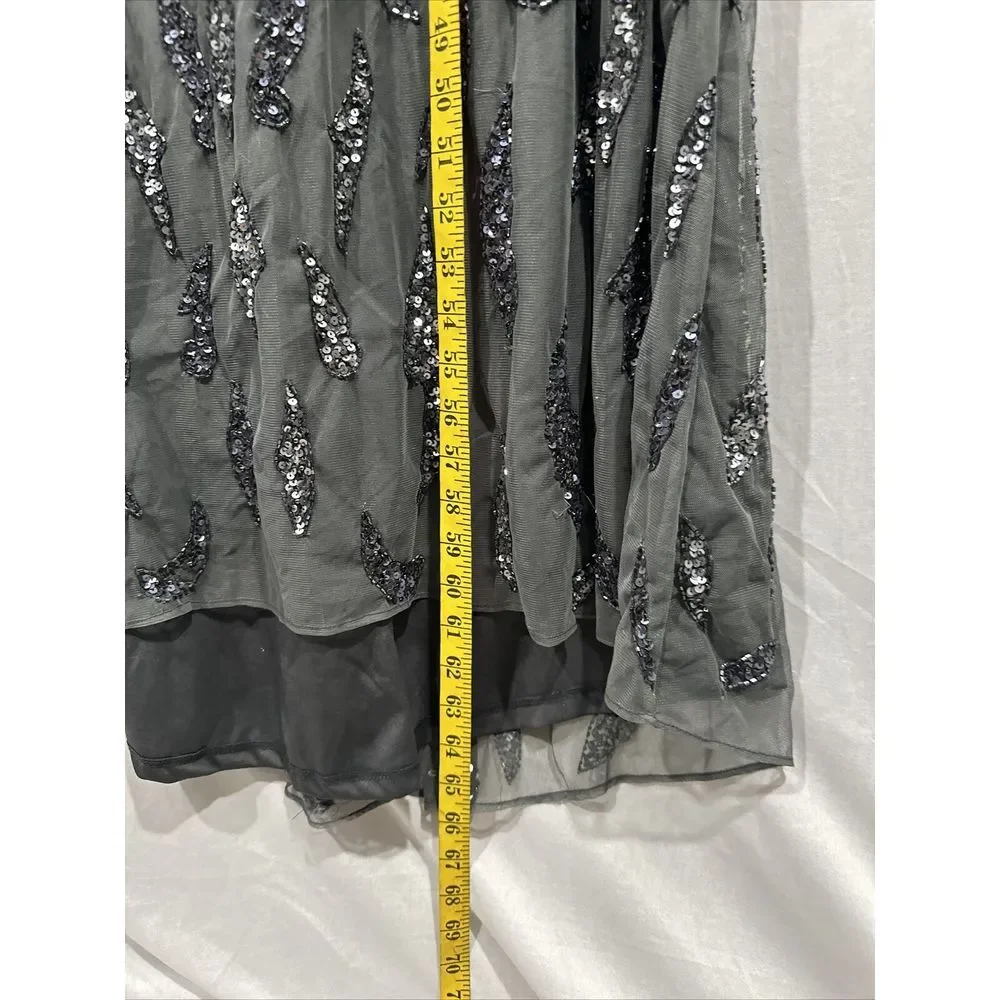 NWT $598 Mac Duggal [‎ 8 ] Beaded Long Sleeve Evening Gown 5124 Charcoal